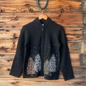 COLDWATER CREEK | 100% Wool Embroidered Beaded Christmas Tree Sweater Jacket S